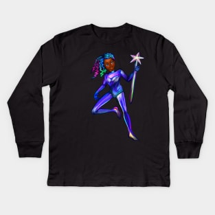 Black anime girl from outer space  ! beautiful  black girl with multi colored Afro hair, blue eyes, Cherry pink lips and dark brown skin. Hair love ! Kids Long Sleeve T-Shirt